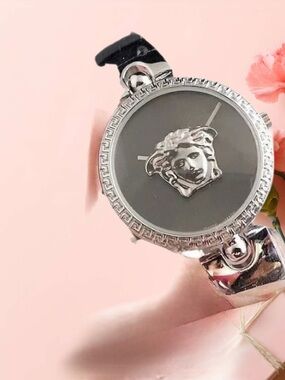 New Silver Medusa Face Bracelet Watch - Black Dial.